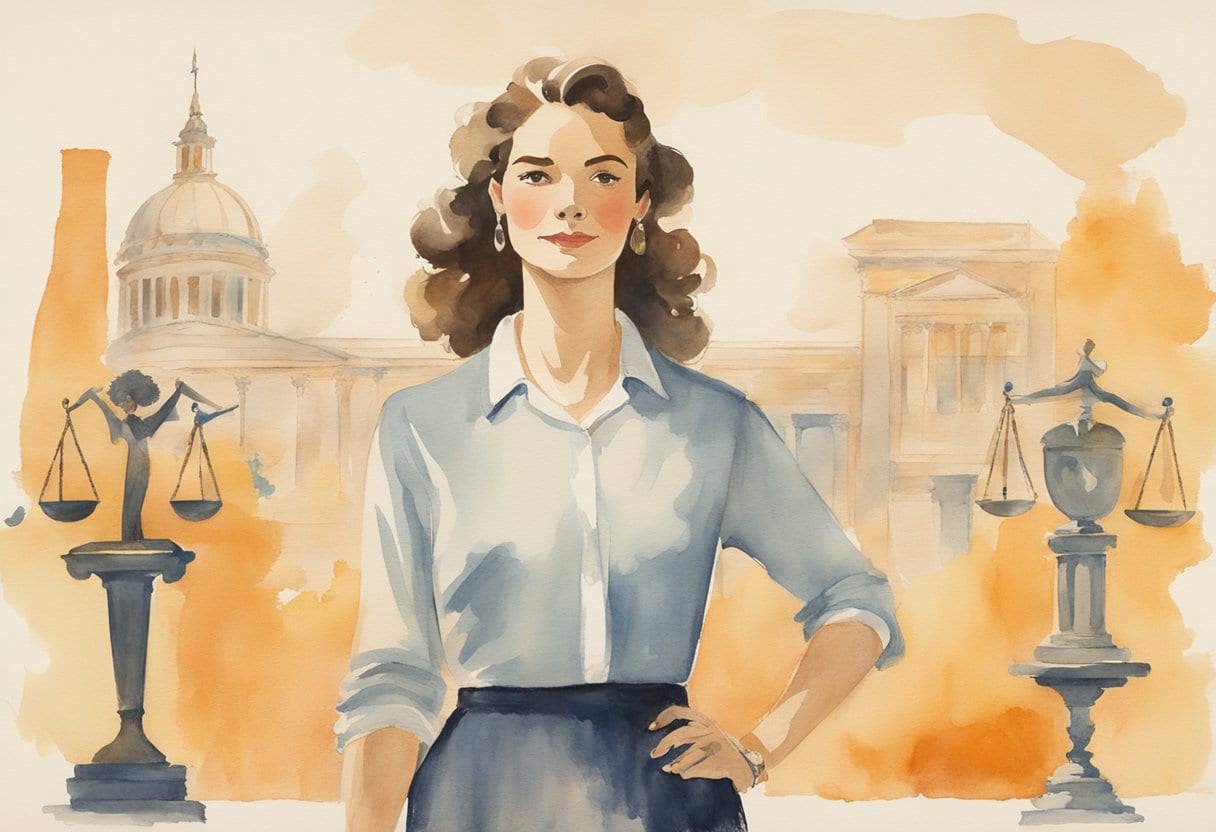 A woman standing confidently on the Harvard Law Review, surrounded by symbols of gender equality and justice advocacy
