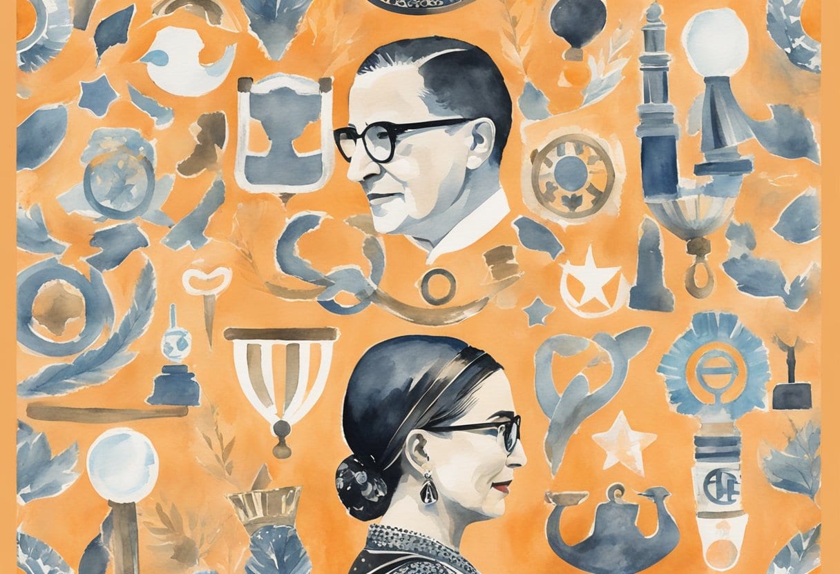 Ruth Bader Ginsburg's iconic dissent collar surrounded by symbols of gender equality and justice advocacy