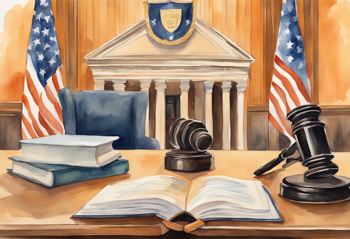 A courtroom with a gavel, scales of justice, and a book of laws, symbolizing Ruth Bader Ginsburg's legacy of gender equality and justice advocacy