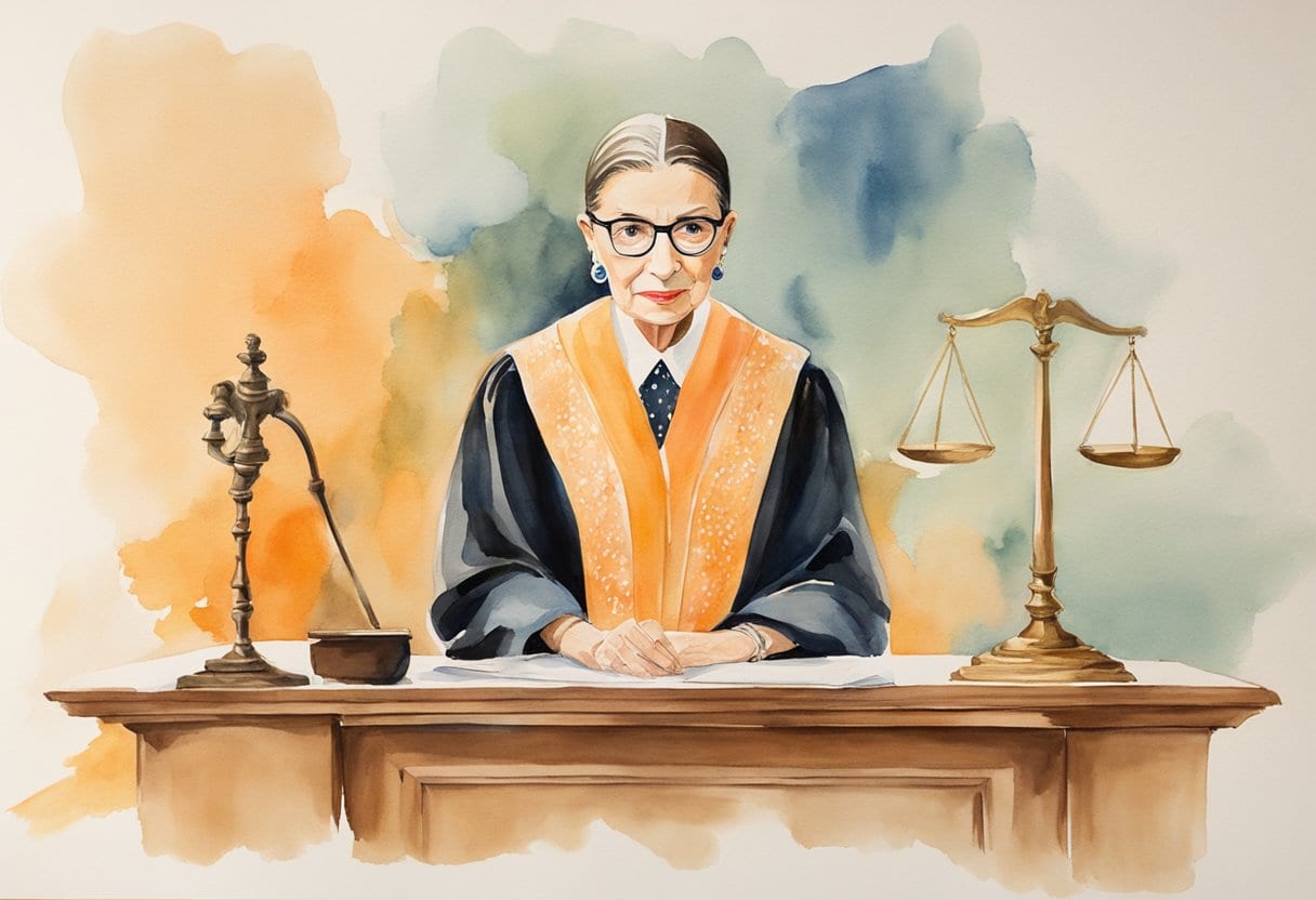 A courtroom with a gavel, scales of justice, and a portrait of Ruth Bader Ginsburg