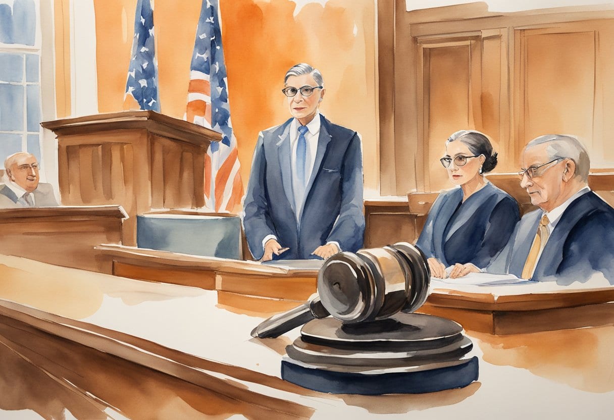 A courtroom with a gavel, scales of justice, and a podium with a microphone, symbolizing Ruth Bader Ginsburg's legacy in gender equality and justice advocacy