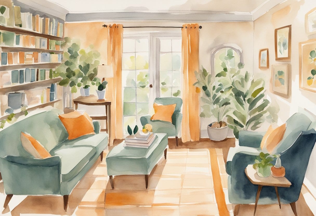 A cozy senior home with minimal furniture, organized shelves, and open spaces. A downsizing guide and decluttering steps are visible, promoting efficient living