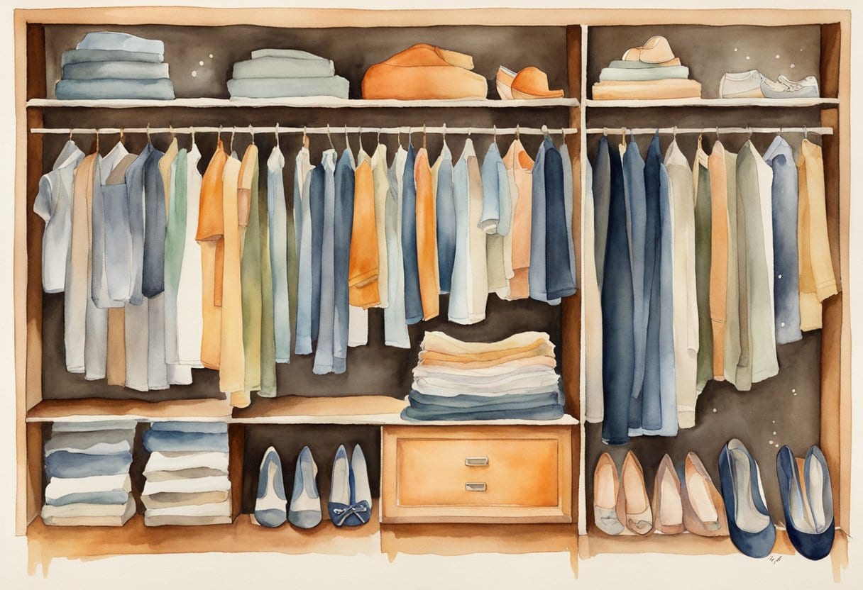 A neatly organized closet with a limited selection of versatile clothing items, a small stack of folded clothes, and a few pairs of shoes neatly arranged on a shelf