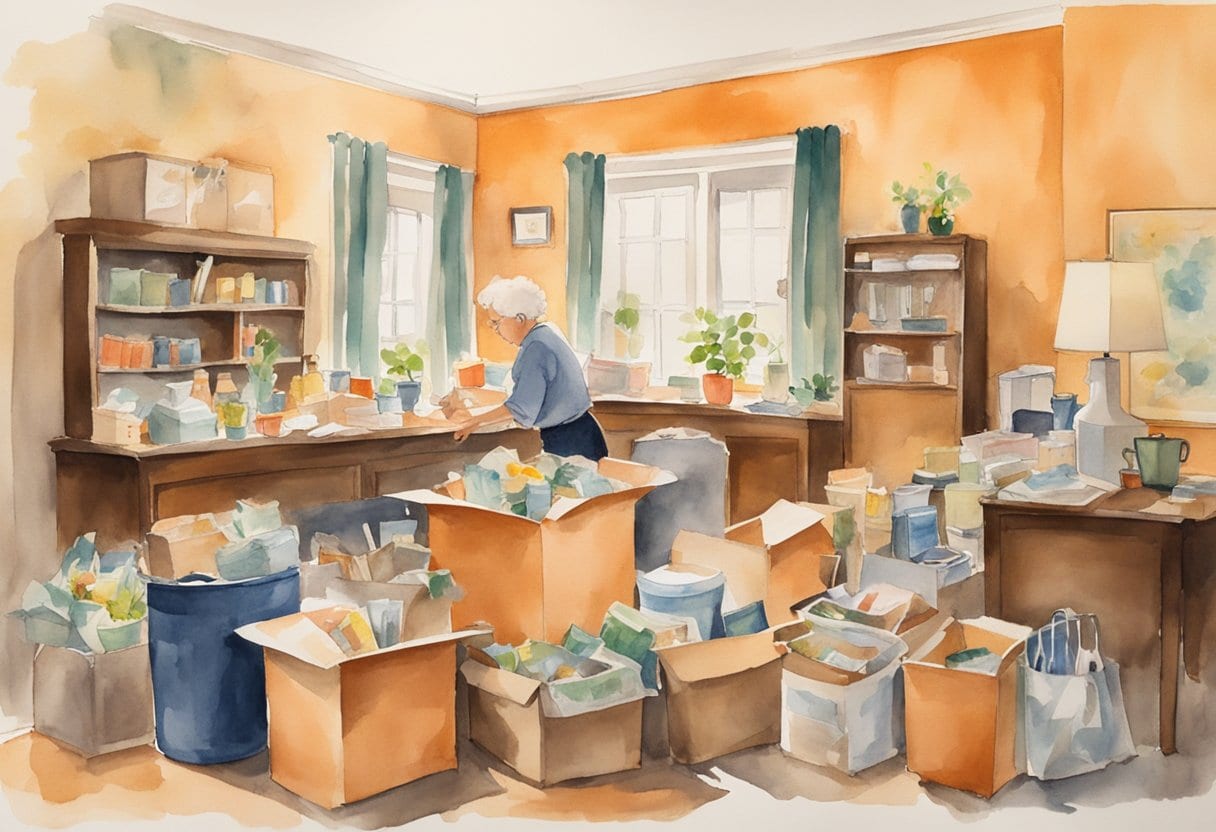 A cluttered room with items being sorted into donation boxes, a senior living community in the background, and a guidebook on downsizing