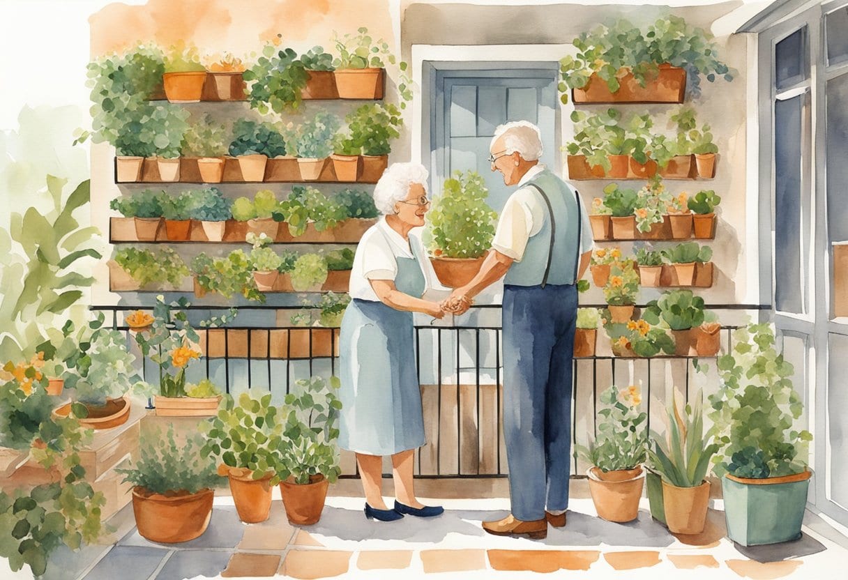 A senior couple happily tending to a thriving vertical garden on their small balcony, surrounded by neatly organized decluttered items and efficient living solutions