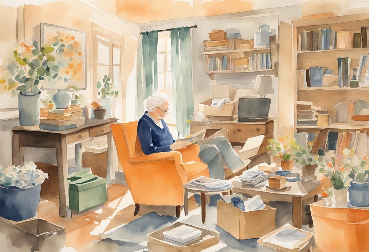 A cluttered room with a senior downsizing, packing items into a memory box. A guidebook on decluttering and efficient living sits nearby