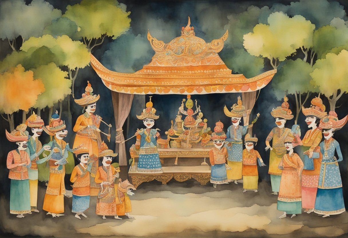 A colorful wayang golek puppet show in a traditional Indonesian village setting, with intricate puppets and ornate stage