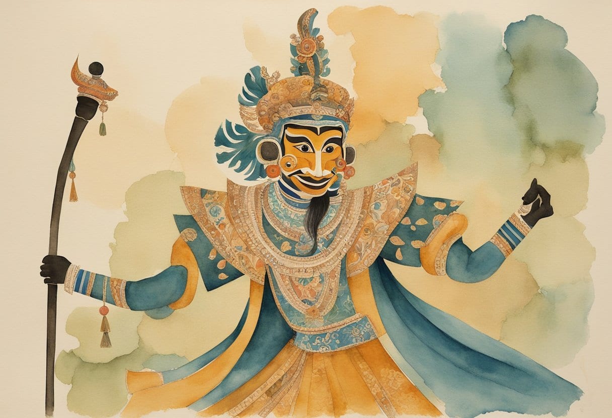 A colorful wayang golek puppet of Panji Semirang in a traditional Javanese setting