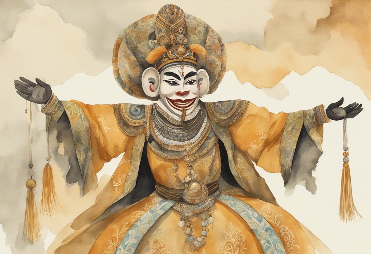 A traditional wayang golek puppet of Nyai Dasima, adorned in Sundanese attire, performing in a Javanese puppetry show