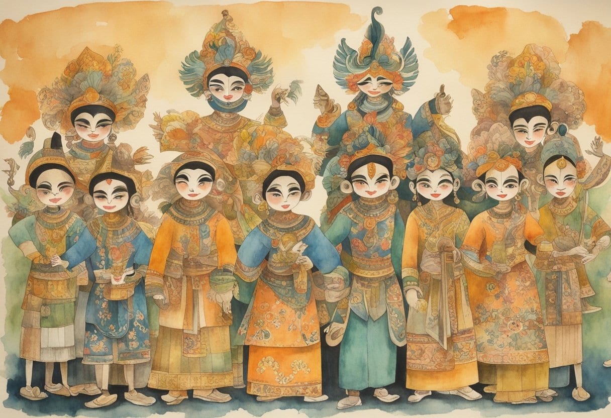 A colorful wayang golek puppet show with intricate traditional Sundanese and Javanese designs