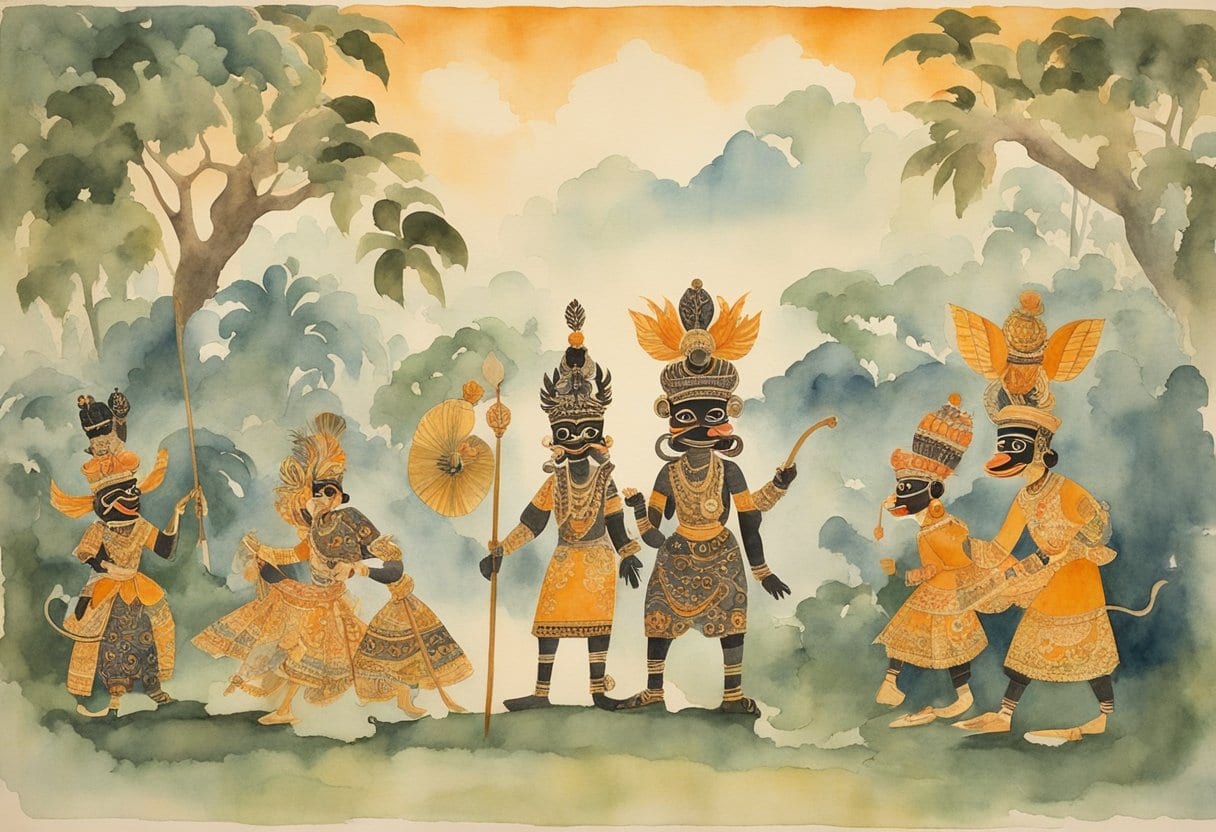 A Wayang Kulit Cirebon scene with traditional puppets, intricate shadow play, and ornate Javanese designs