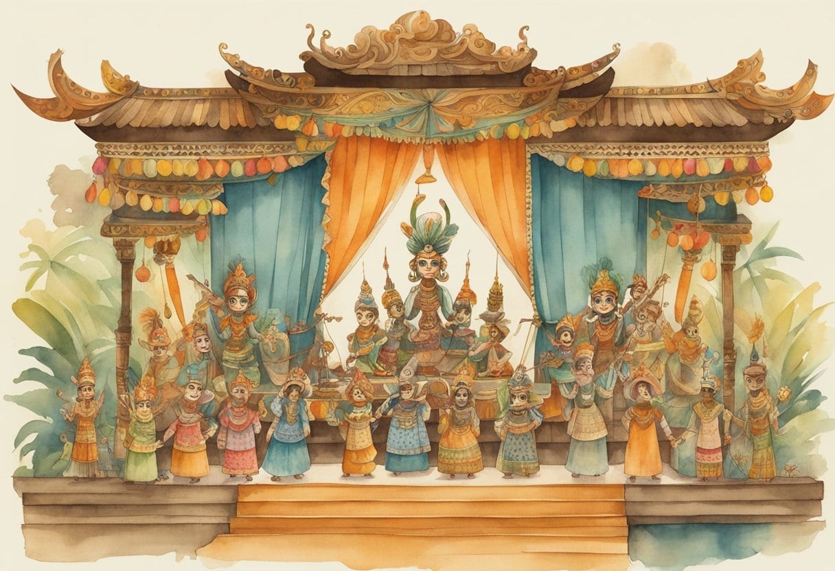 A colorful wayang golek puppet show in a traditional Sundanese setting with ornate wooden puppets and intricate stage design