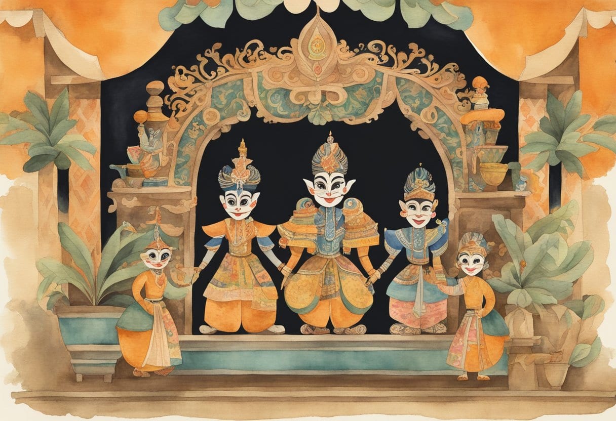 A colorful wayang golek puppet show with traditional Sundanese and Javanese folklore characters
