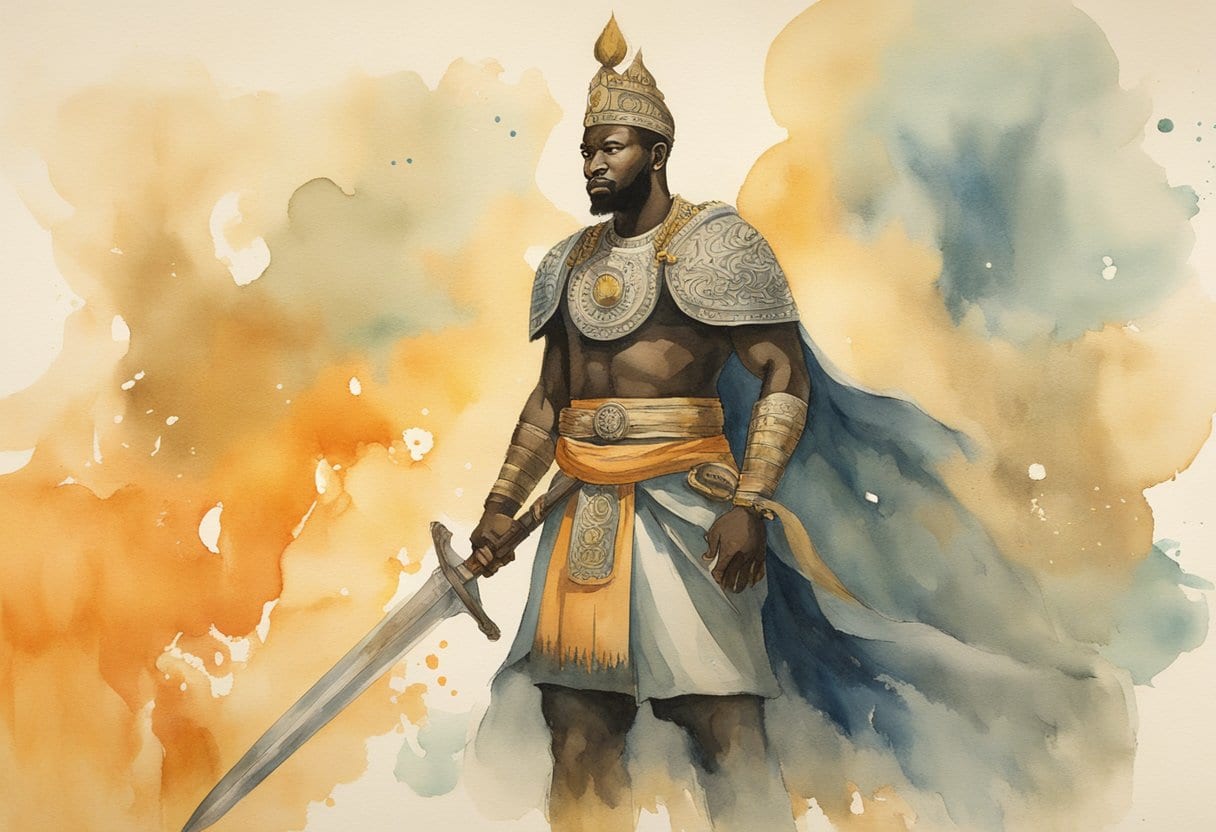Ogun stands tall, wielding a mighty sword, surrounded by flames and symbols of justice and order