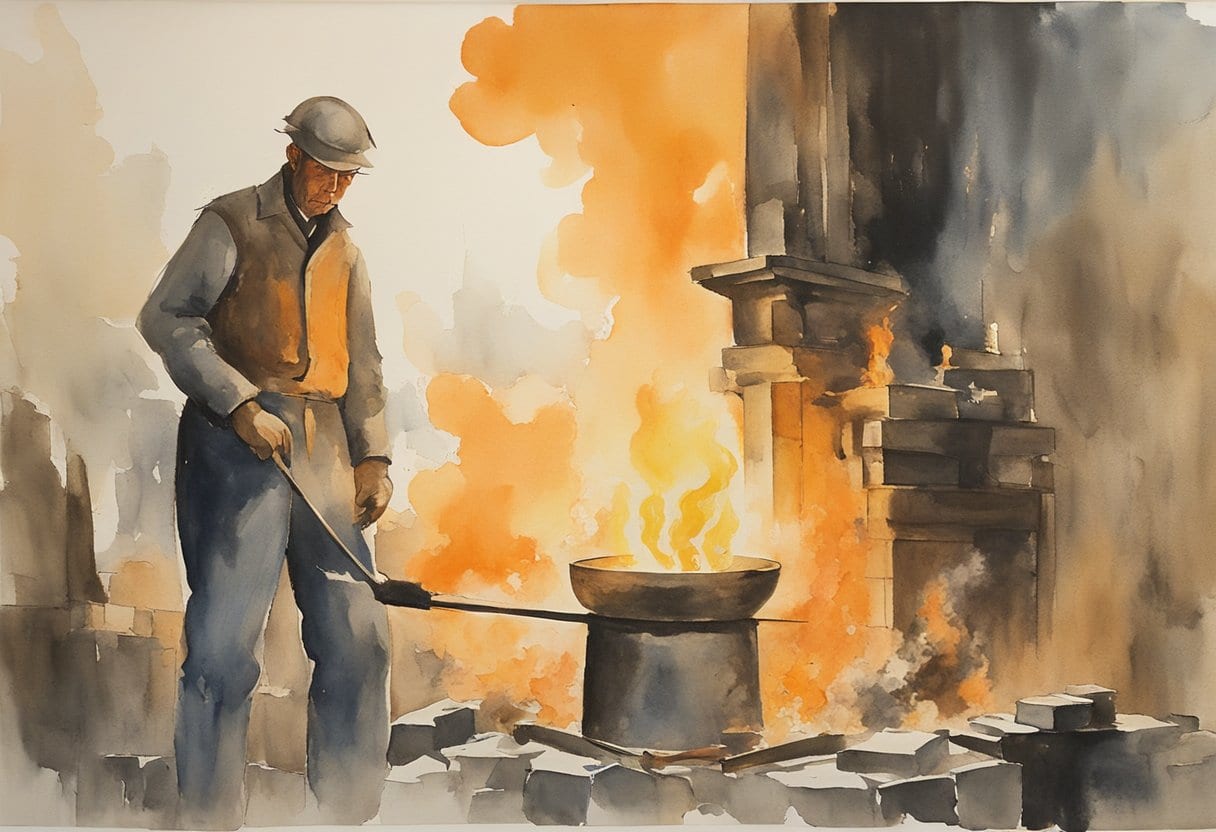 A towering figure forges endlessly in a fiery forge, surrounded by tools and raw materials