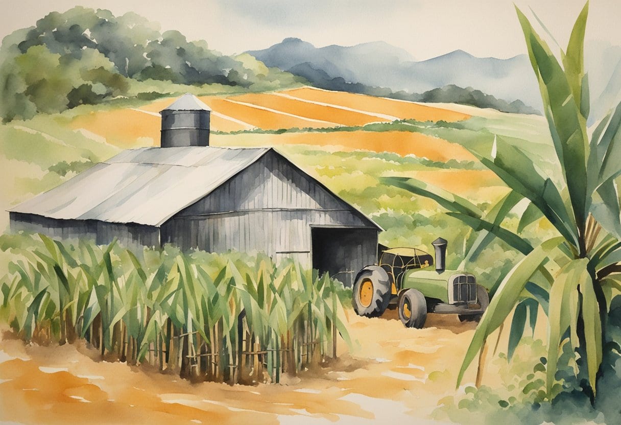 A rum distillery surrounded by lush sugarcane fields, with Ogun's tools and symbols scattered throughout