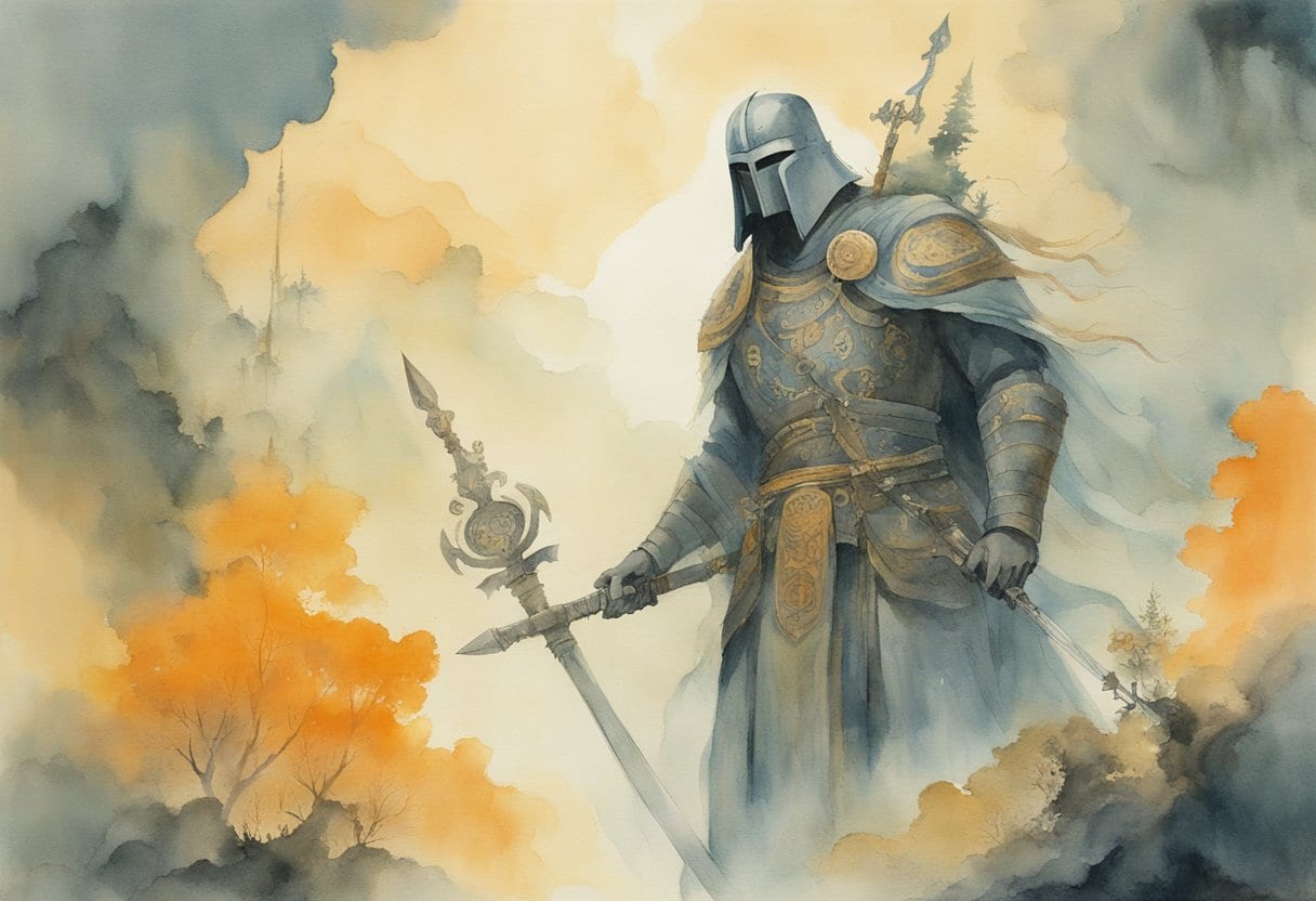 A towering figure emerges from the mist, adorned with ancient symbols and wielding a mighty weapon, surrounded by the power of the natural world