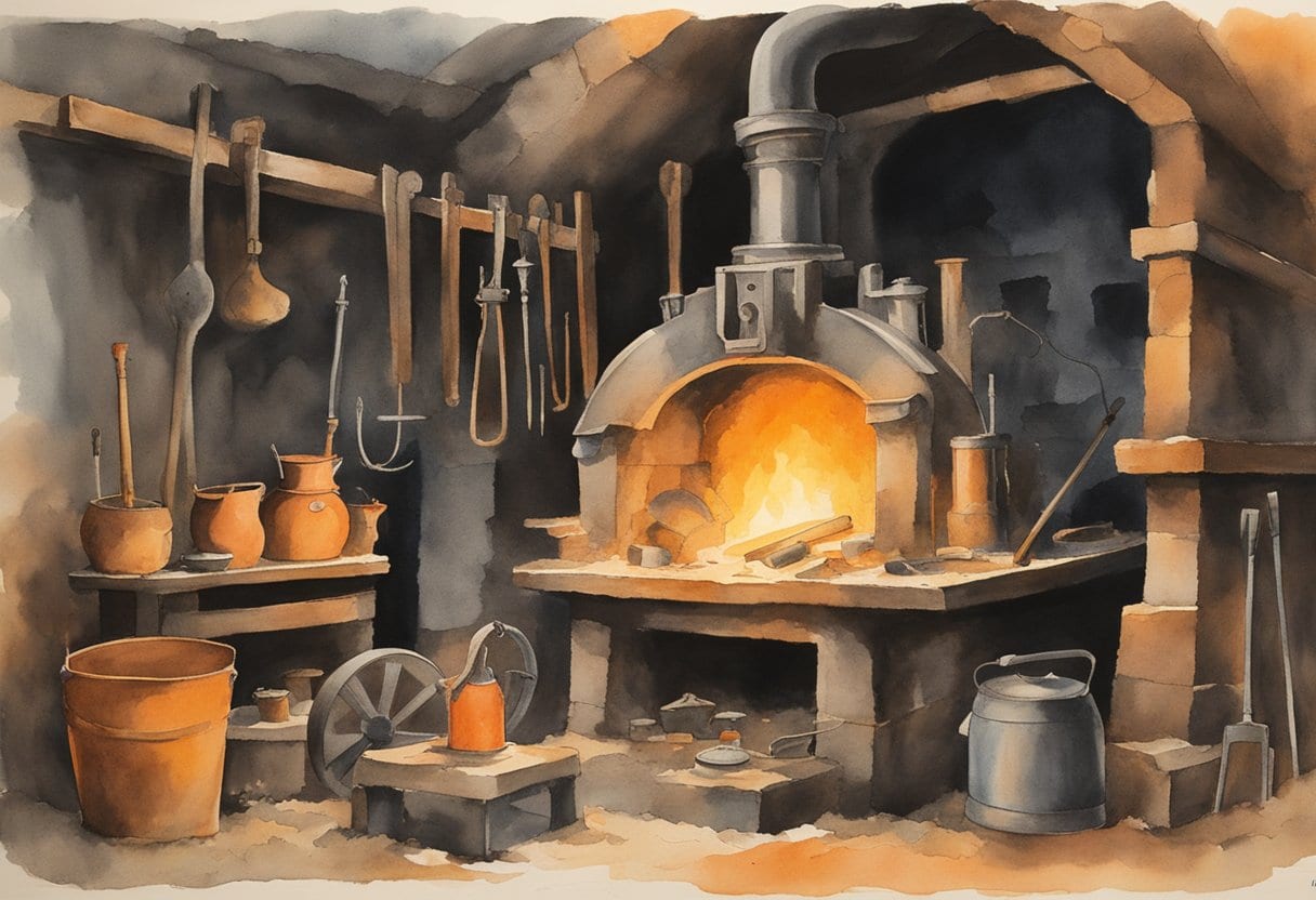 A rugged iron forge surrounded by offerings and tools, with a fiery glow emanating from the center