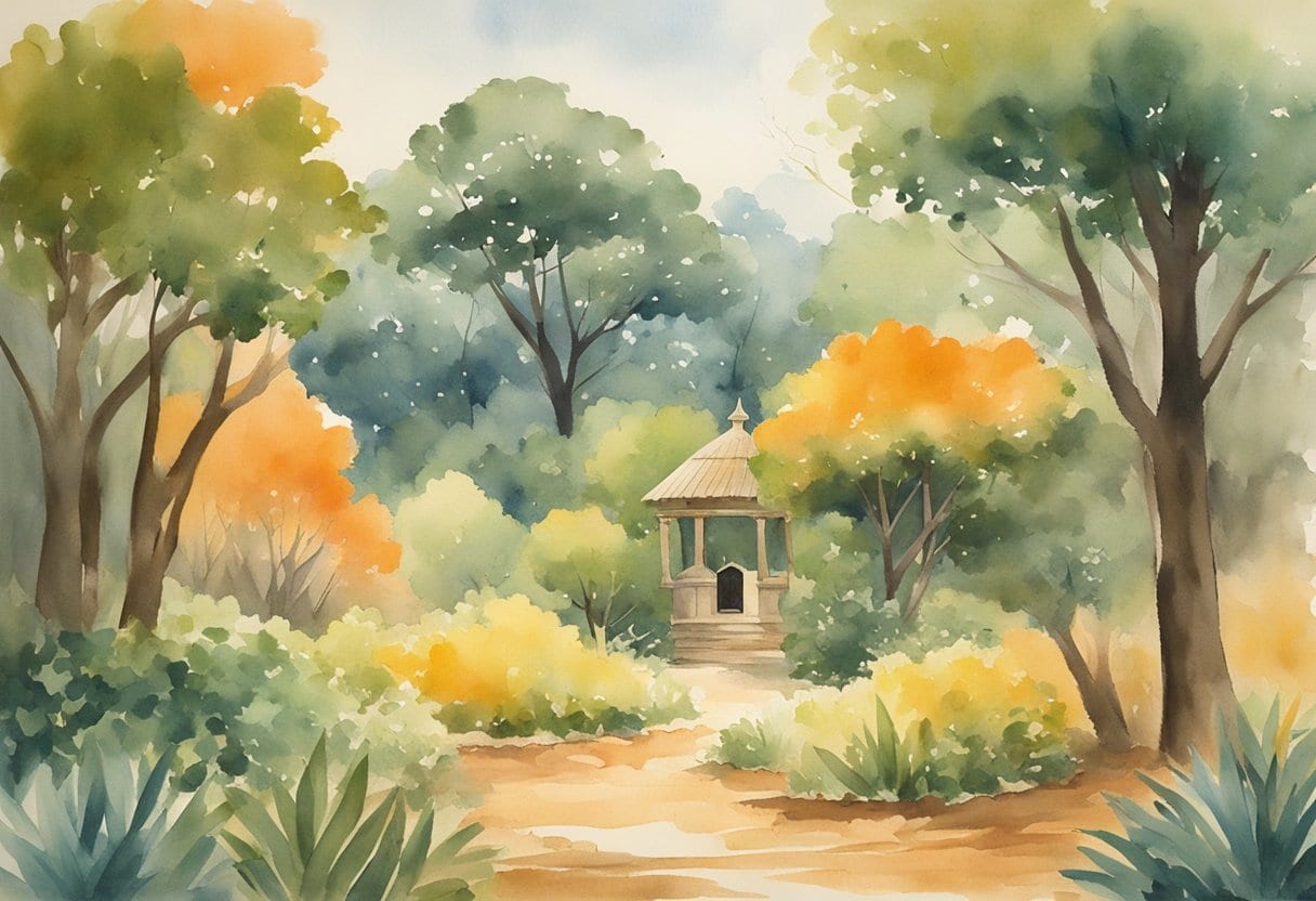A serene forest clearing with a traditional African shrine, surrounded by lush vegetation and vibrant wildlife