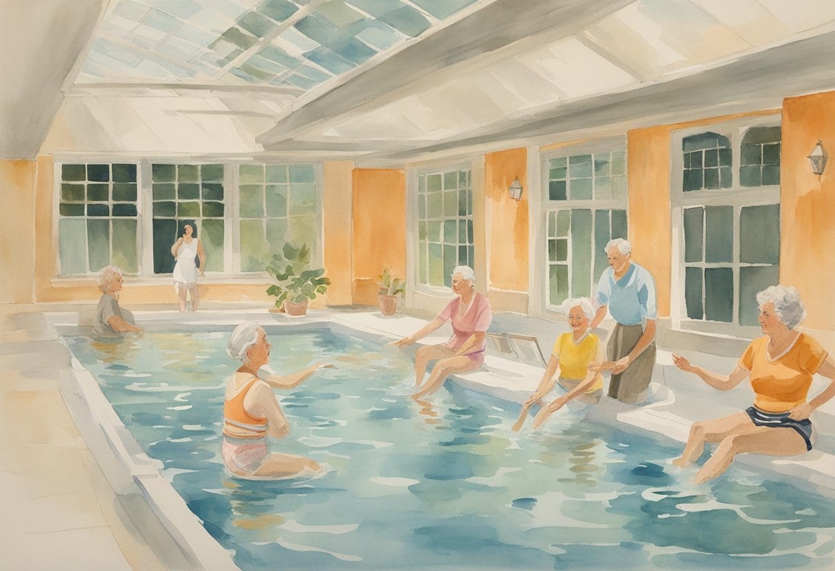 Elderly individuals performing gentle water exercises in a calm, indoor pool
