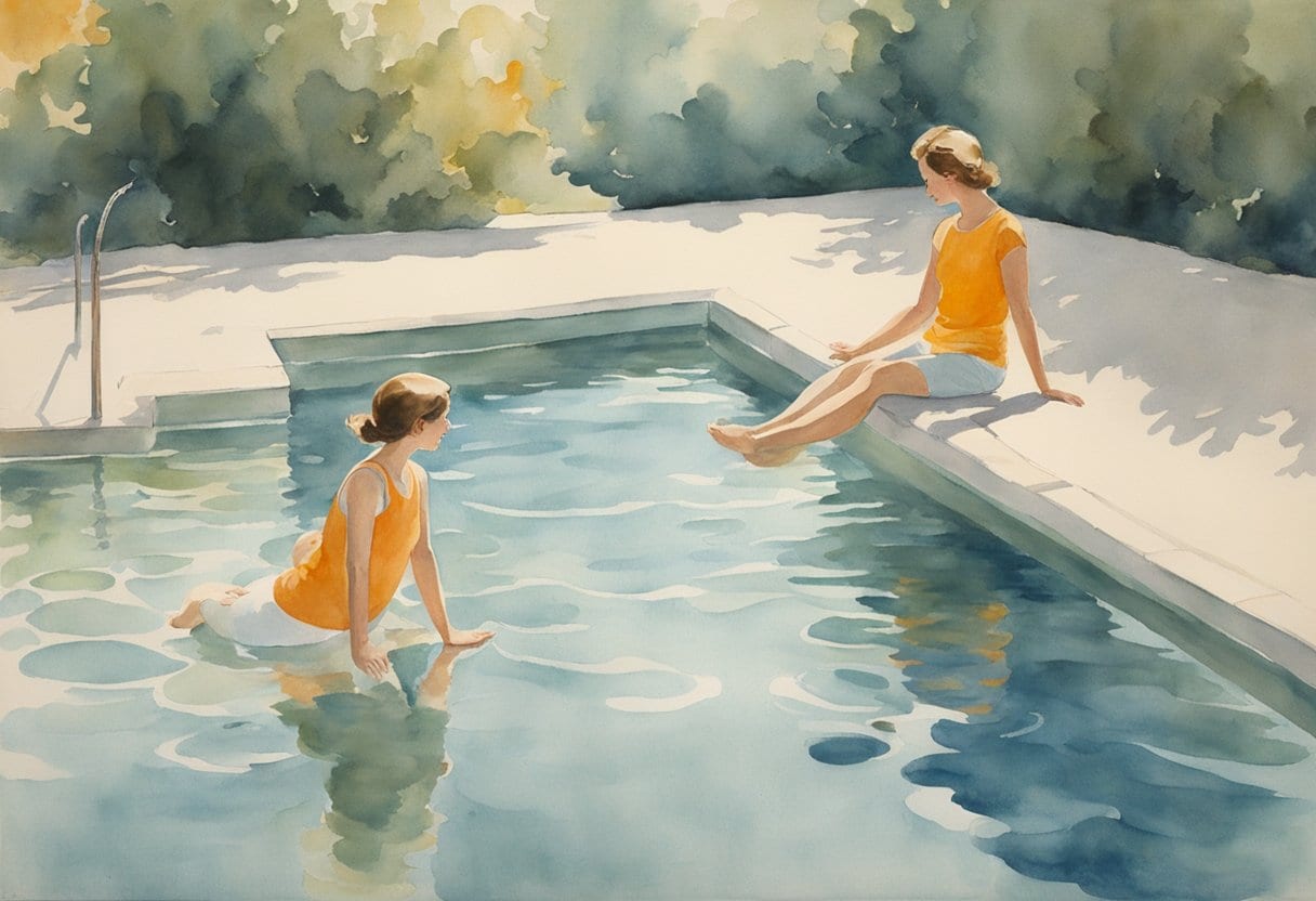 A serene pool with gentle ripples, sunlight reflecting off the water. A pair of legs performing leg lifts in the calm, clear water