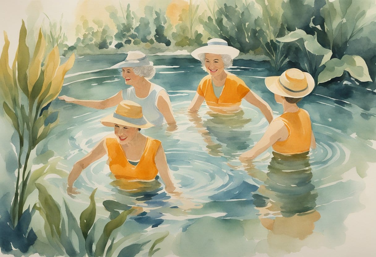 A group of seniors performing arm circles underwater in a calm, clear pool surrounded by aquatic plants and gentle sunlight filtering through the water