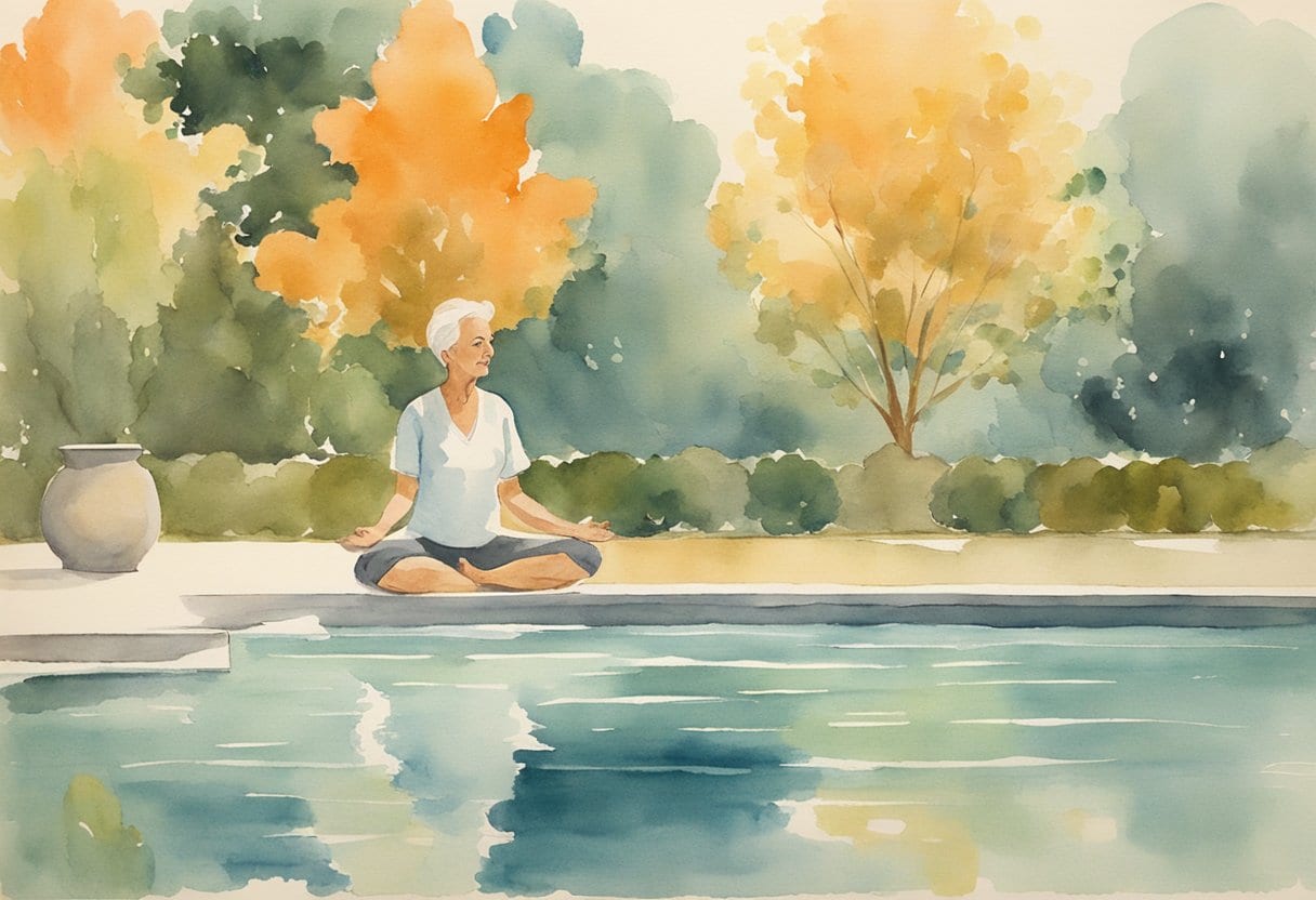 A serene pool with a senior practicing water yoga, surrounded by peaceful aquatic exercises