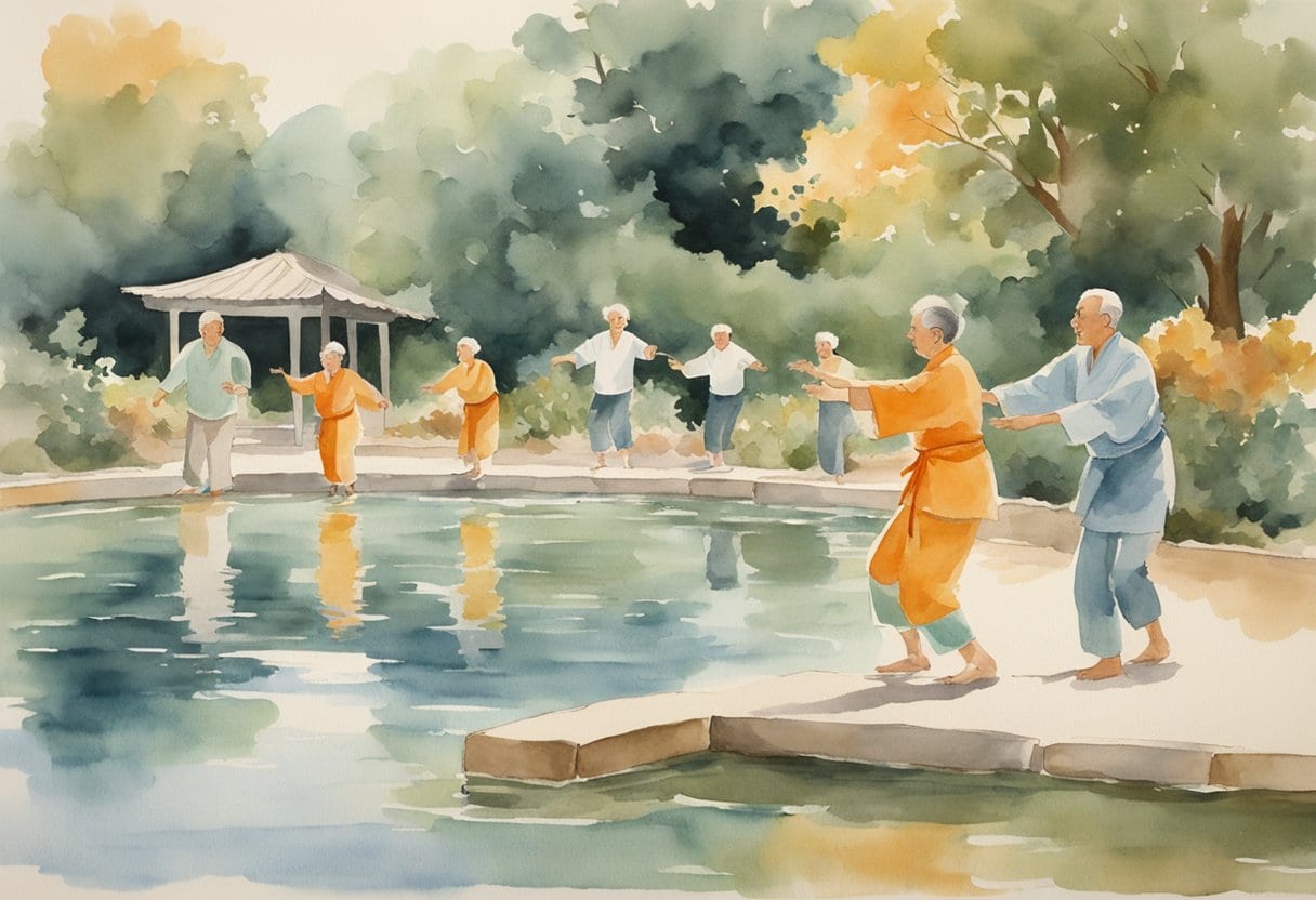 A serene pool setting with a group of seniors practicing Tai Chi movements in the water, surrounded by peaceful aquatic elements