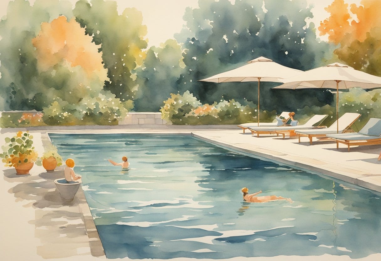 A serene pool with floating mats and senior exercisers stretching in the water, surrounded by a peaceful, natural setting