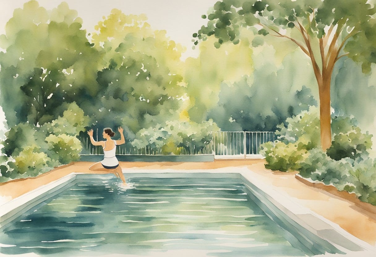A serene pool with gentle ripples, surrounded by lush greenery. A senior gracefully performs low-impact aquatic exercises under the guidance of a fitness instructor