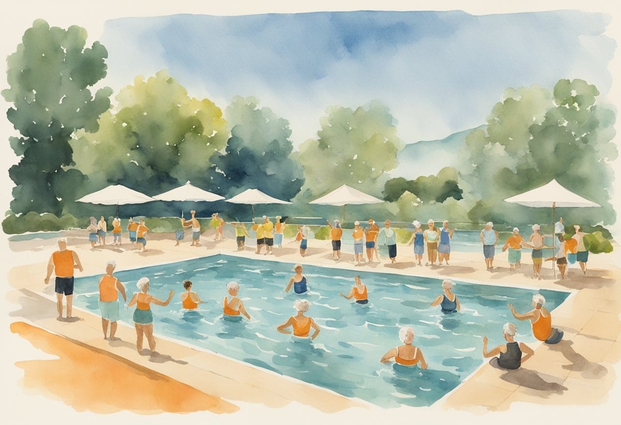 A serene pool with a group of seniors participating in low-impact aquatic exercises under the guidance of a fitness instructor