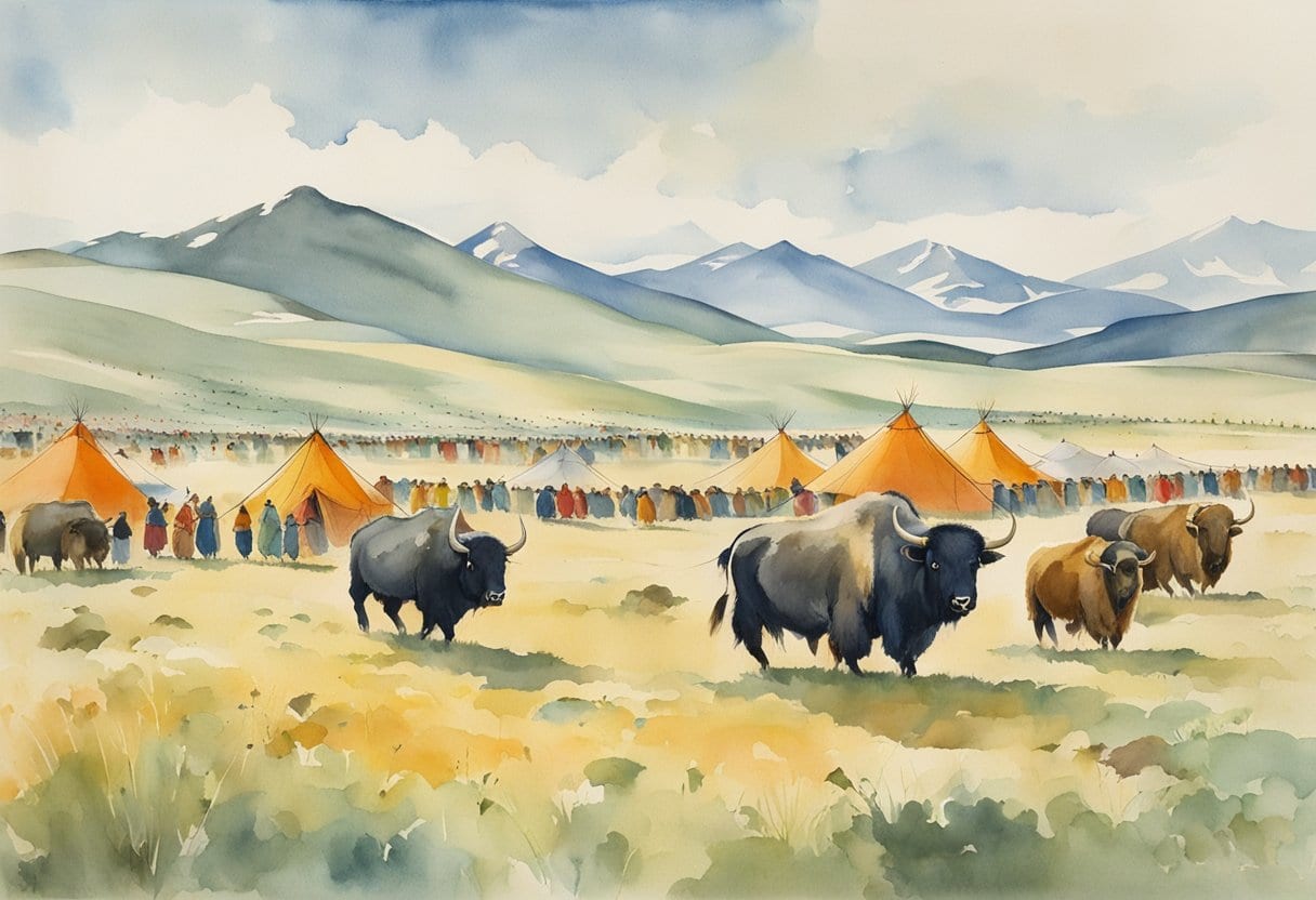 A vast grassland with colorful tents, nomadic herders, and a parade of decorated yaks, all celebrating the annual Yak Festival in Mongolia