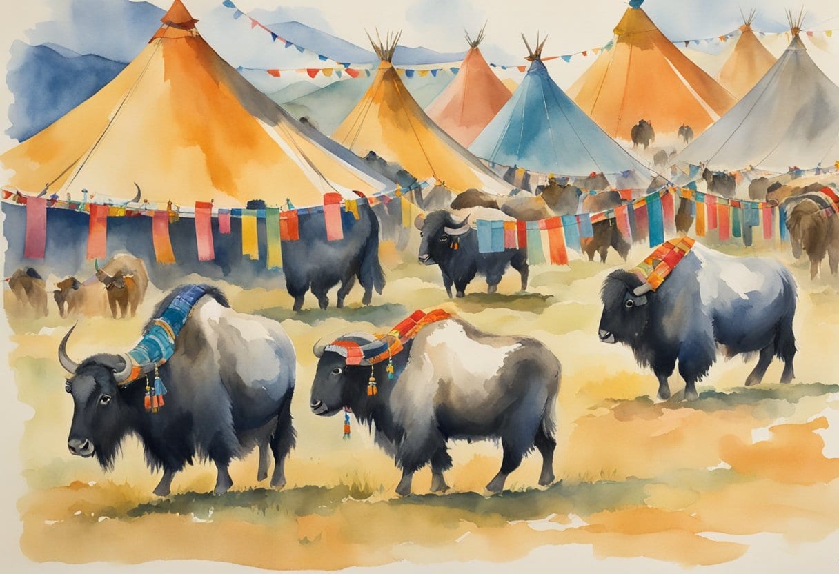Yaks adorned with colorful ribbons and bells, surrounded by nomadic tents and celebratory banners, as people gather for the Yak Festival in Mongolia