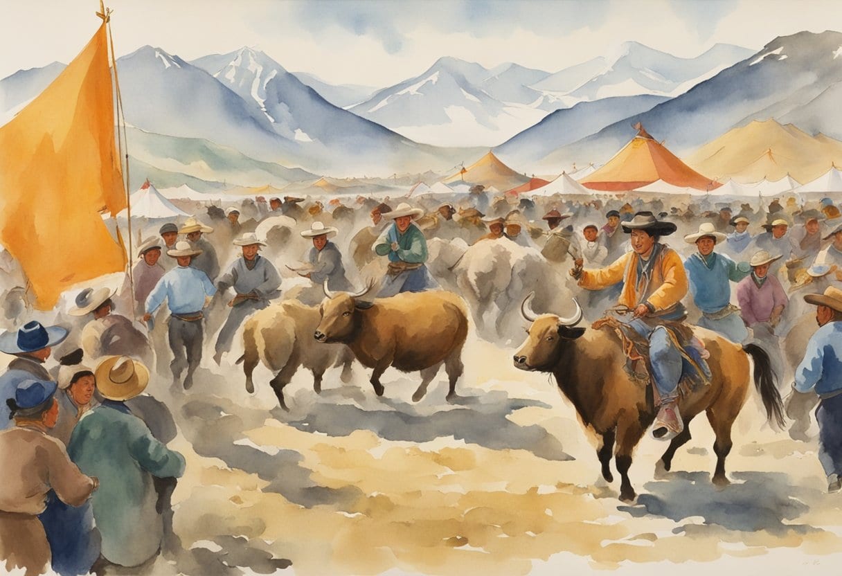 A lively scene at a Yak Festival in Mongolia, with traditional rodeos and competitions showcasing the country's rich livestock culture