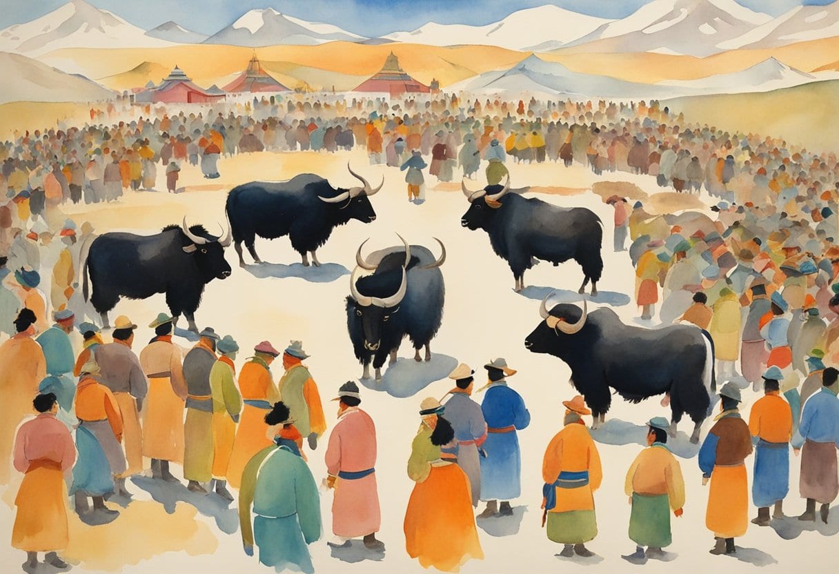 Yaks gathered in a bustling festival arena, with participants demonstrating various yak milking techniques amidst the vibrant celebration in Mongolia