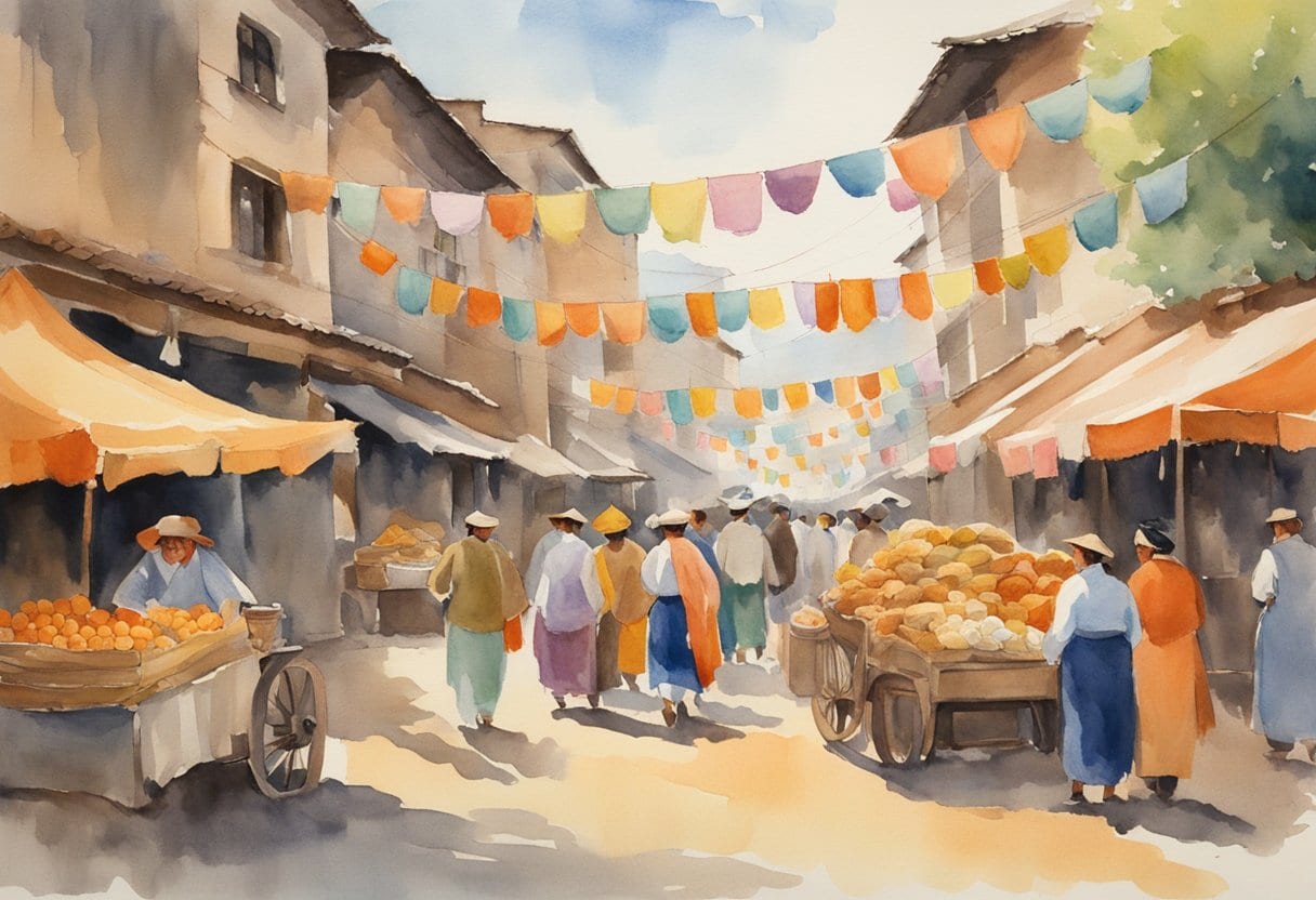 A bustling marketplace filled with yak wool textiles, dairy products, and traditional crafts. Festive banners and colorful decorations adorn the lively celebration