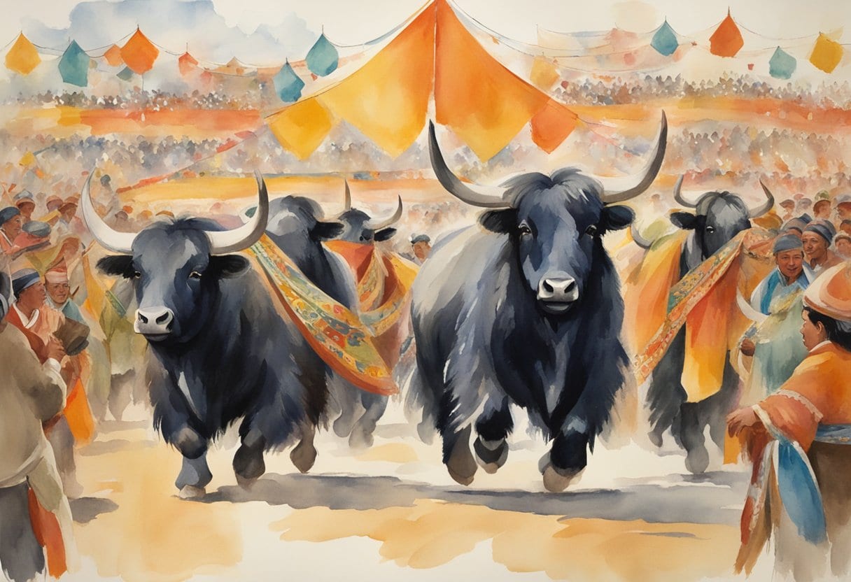 Yaks adorned with traditional ornaments parading in a festival arena, surrounded by cheering crowds and colorful banners