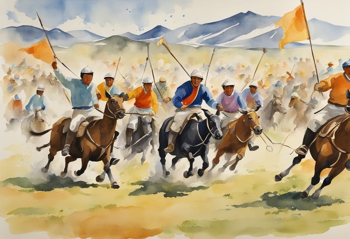A lively polo match on the back of yaks at the Yak Festival in Mongolia, with colorful banners and cheering spectators