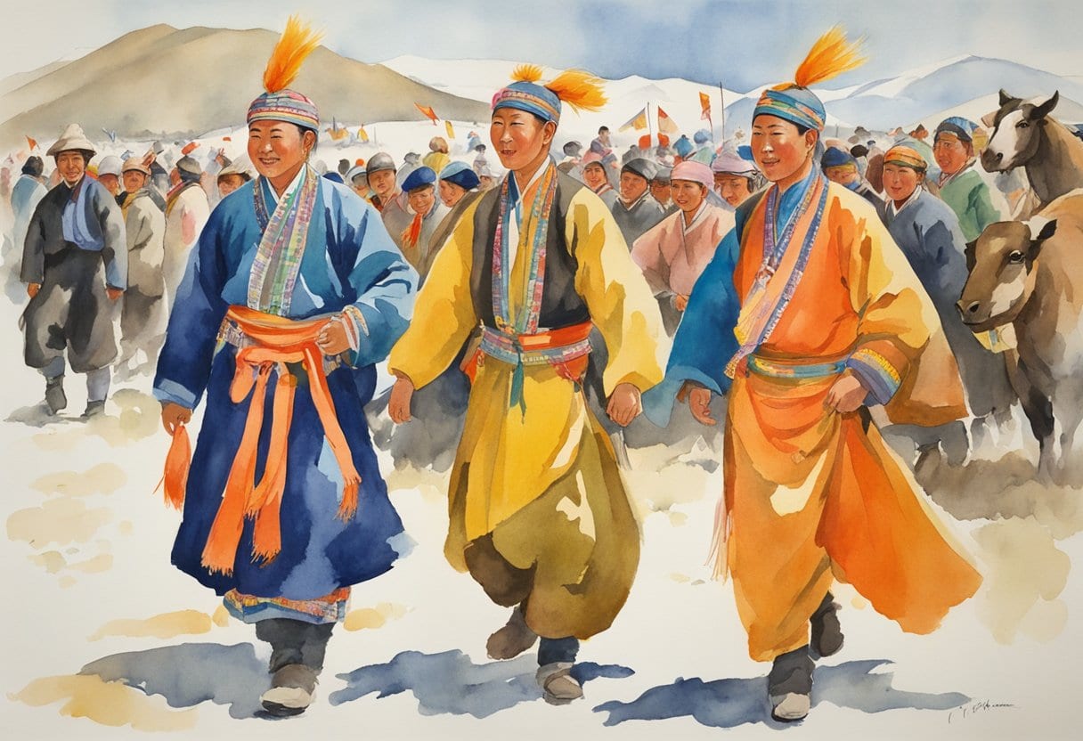 Vibrant traditional clothing adorns festival-goers at the Yak Festival in Mongolia, where a lively celebration of livestock takes place