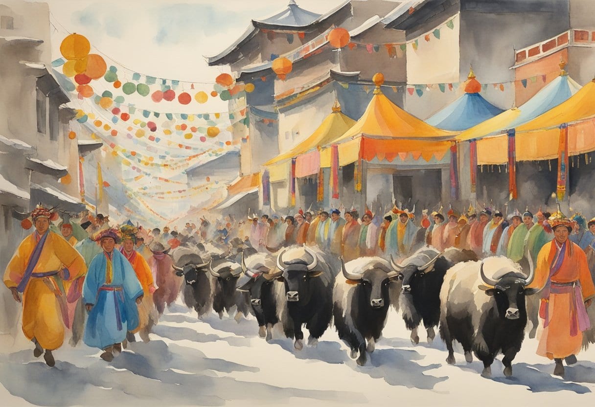 A colorful procession of decorated yaks parading through the streets of Mongolia, with traditional music and dancers celebrating the cultural significance of the Yak Festival