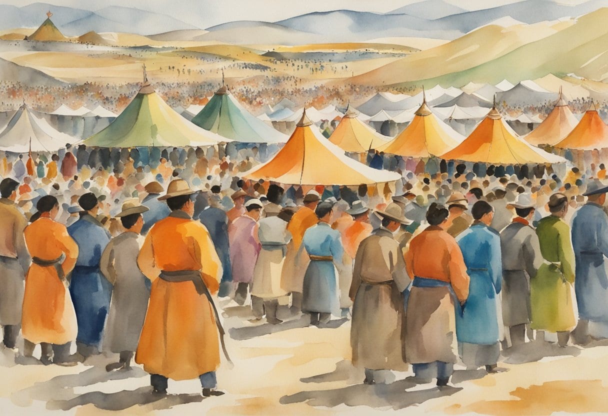 A crowded festival in Mongolia, with colorful tents, traditional music, and people cheering as they watch the yak parade