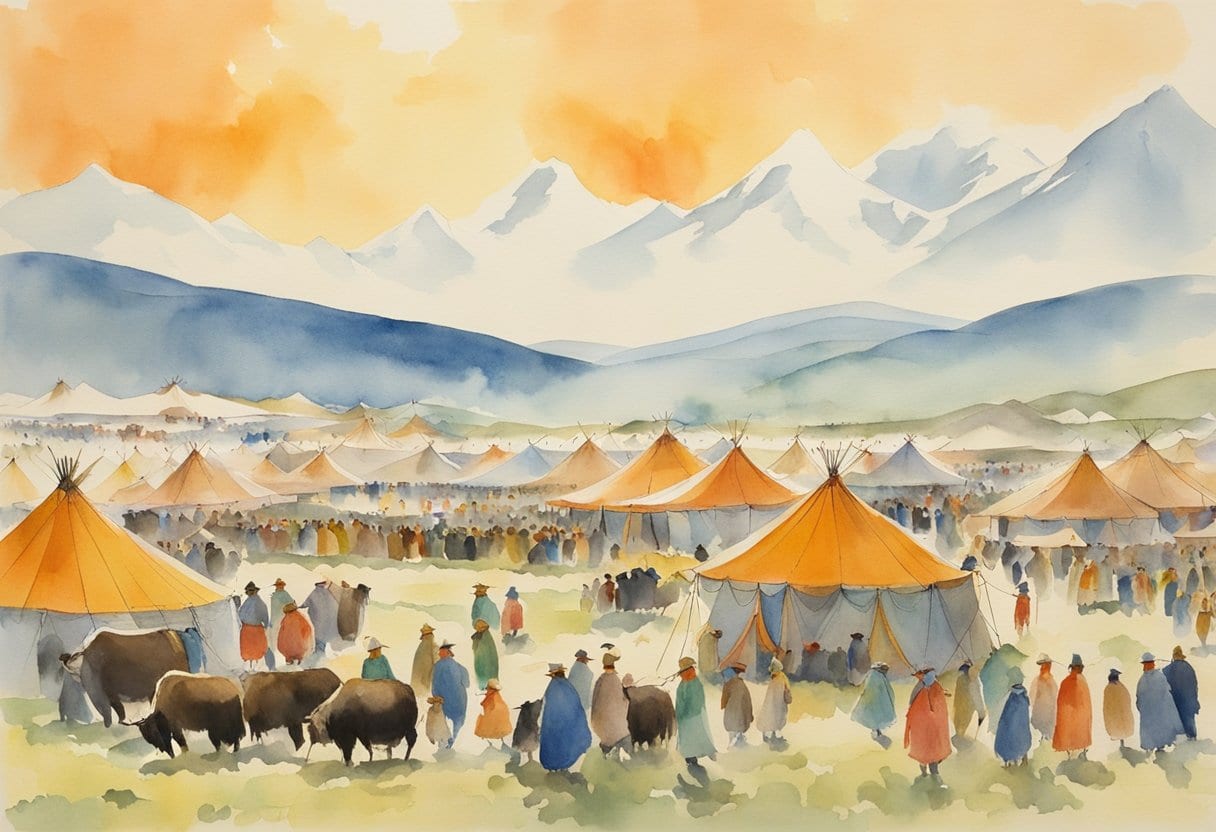 A bustling festival ground with colorful tents, grazing yaks, and lively crowds in traditional Mongolian attire