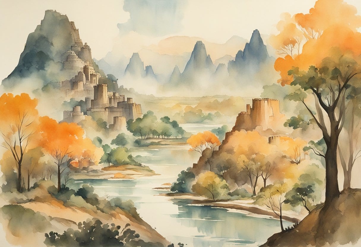 A sprawling prehistoric city with large mound structures rising from the earth, surrounded by dense forests and a river flowing nearby