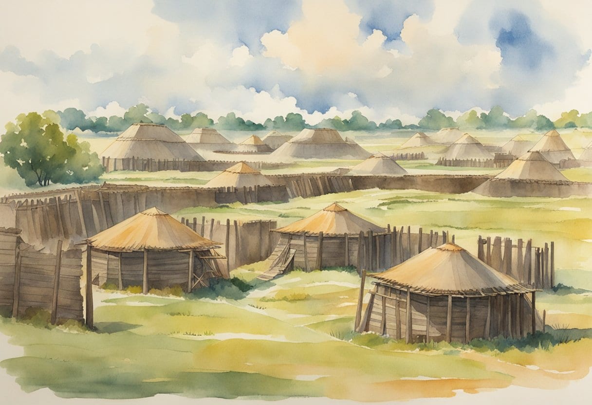 A stockade surrounds the central precinct of Cahokia, with mounds and structures rising within the ancient prehistoric city
