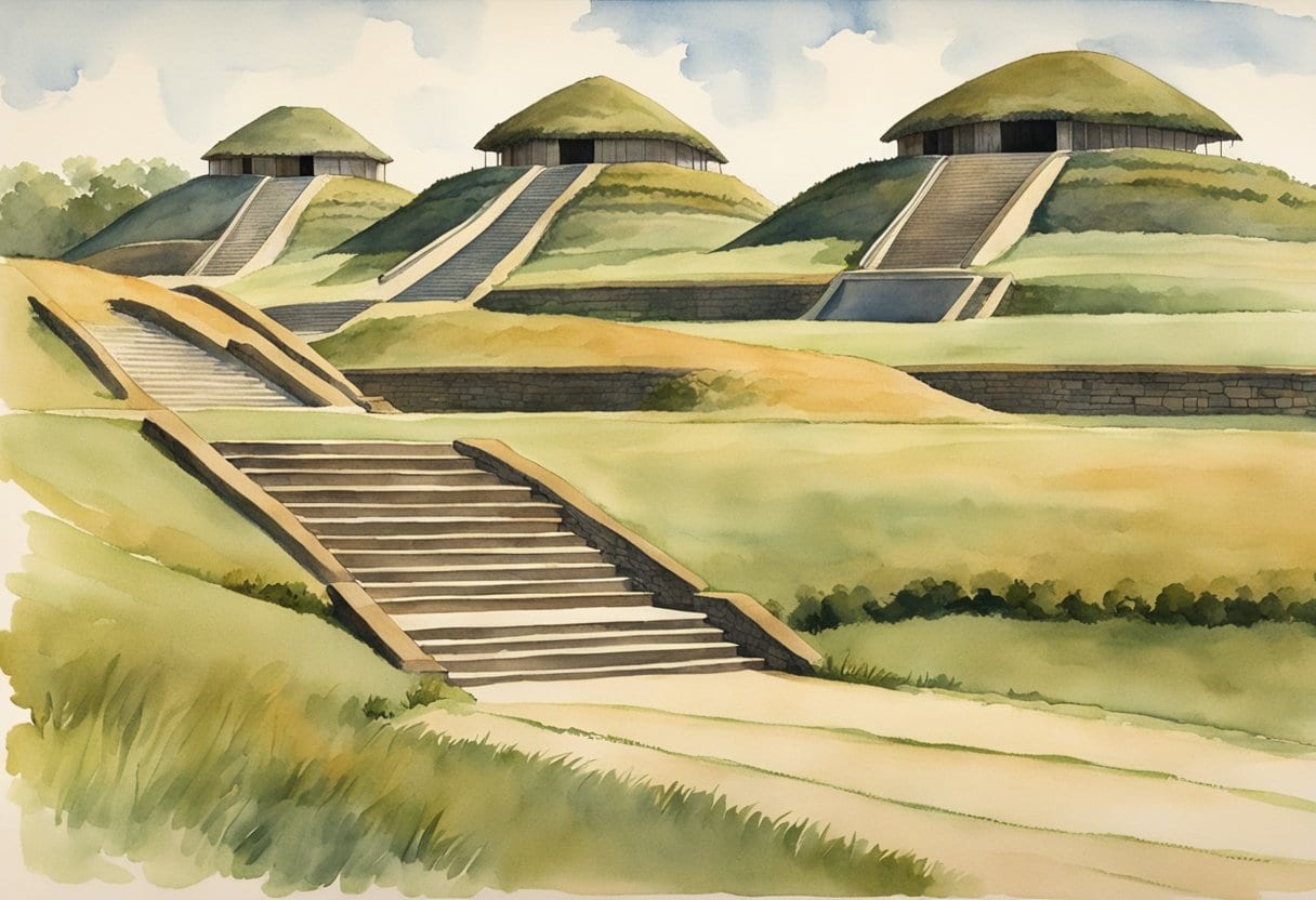 Four terrace levels of Monks Mound rise in the prehistoric city of Cahokia, showcasing the impressive mound structures