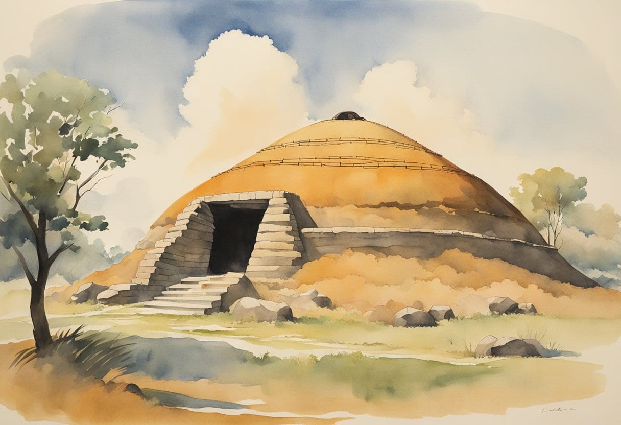 A small circular sweat lodge stands amidst the Mound Structures of Cahokia, emitting steam into the air