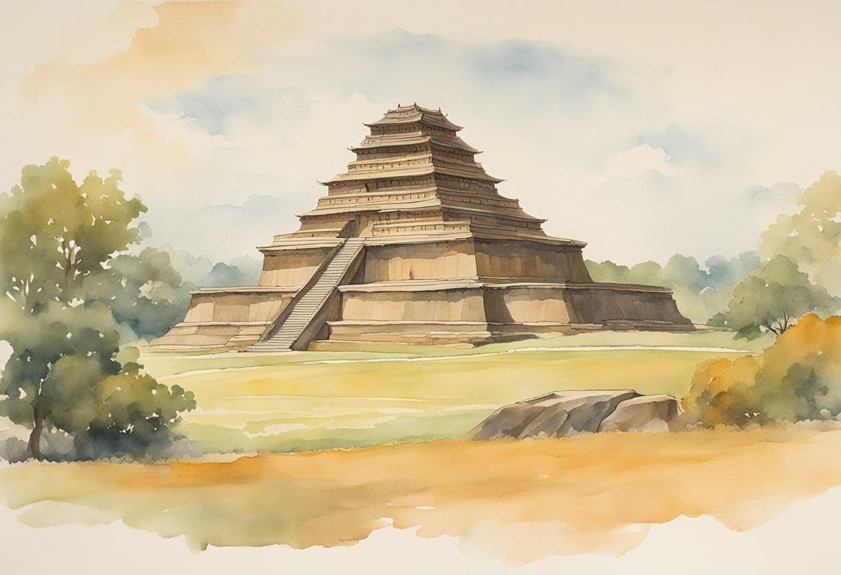 Wooden temple remains on mounds at Cahokia, with surrounding prehistoric city and mound structures