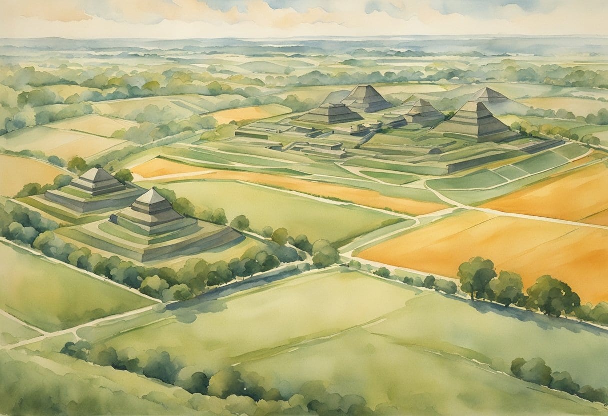 Aerial view of Cahokia's mounds and structures, surrounded by a bustling city and agricultural fields