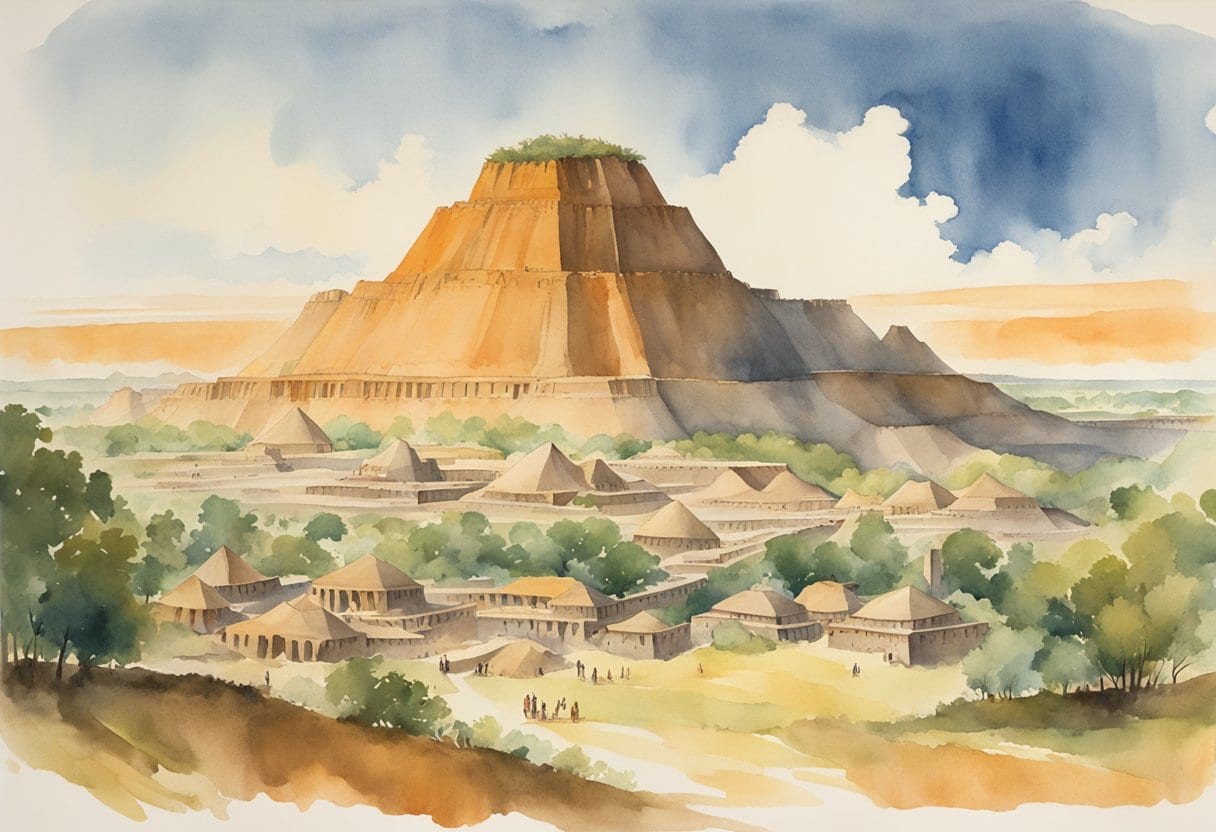 A bustling prehistoric city with large mound structures and a population of 20,000 at Cahokia's peak